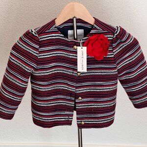 Janie and Jack Red Navy White Striped Tweed Blazer with Rose Bow - NWT